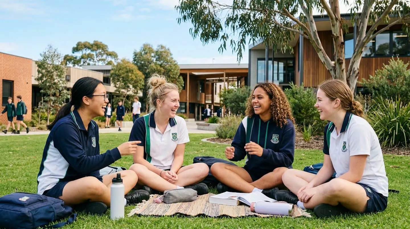 Quatre lycéens de diverses origines assis en cercle sur une pelouse de campus, en pleine discussion animée avec des sourires naturels