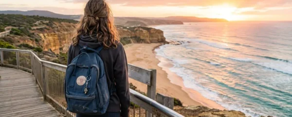 Un adolescent de dos avec un sac à dos regarde l'horizon d'une côte australienne moderne au lever du soleil